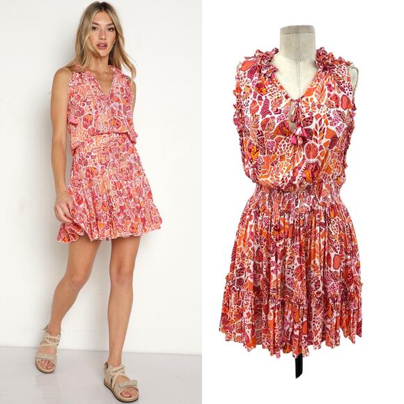 Poupette St Barth Clara Mini Dress Red Chagal Print‎ Orange Pink Size Medium - Picture 1 of 13